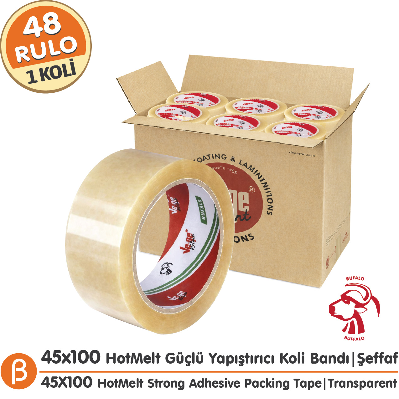 Ve-Ge BUFALO 45x100 Şeffaf Koli Bandı (1 Koli –48 Adet) Toptan HotMelt Güçlü Yapışkan
