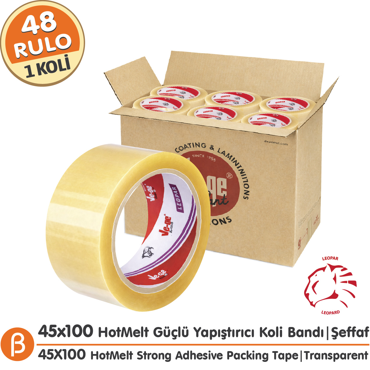 Ve-Ge LEOPAR 45x100 Şeffaf Koli Bandı (1 Koli –48 Adet) Toptan HotMelt Dengeli Güç