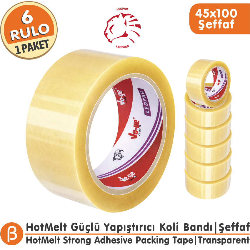Ve-Ge Leopar Şeffaf Hotmelt Koli Bandı 45 mm × 100 m – 6 Adet