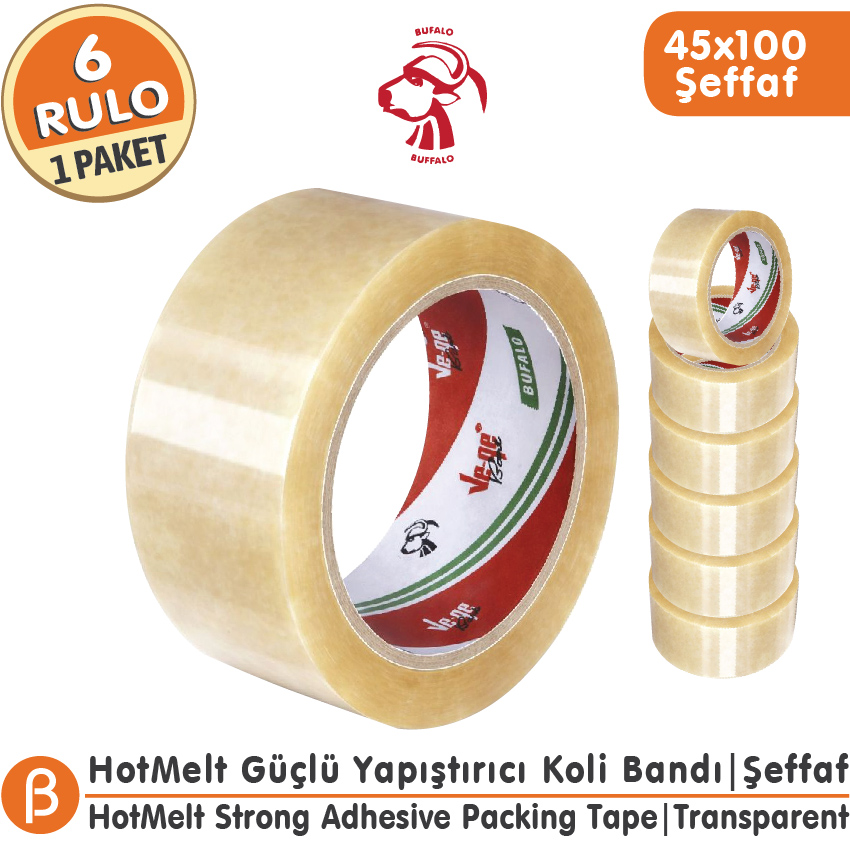 Ve-Ge Bufalo Şeffaf Hotmelt Koli Bandı 45 mm × 100 m – 6 Adet