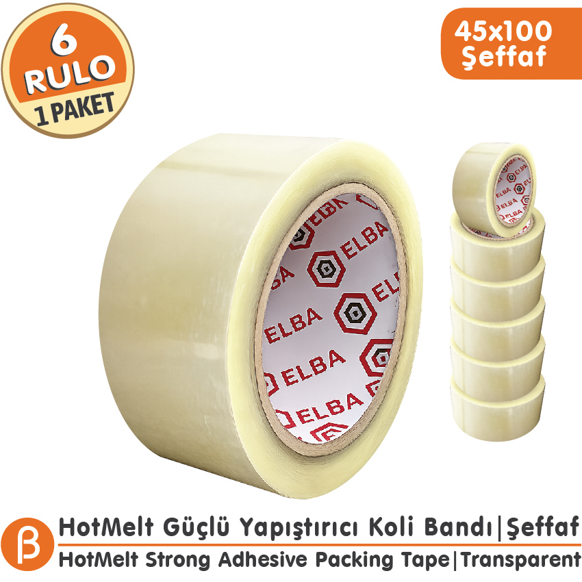 Elba 45x100 Şeffaf Koli Bandı Hotmelt Güçlü Yapışkan (6 Adet)