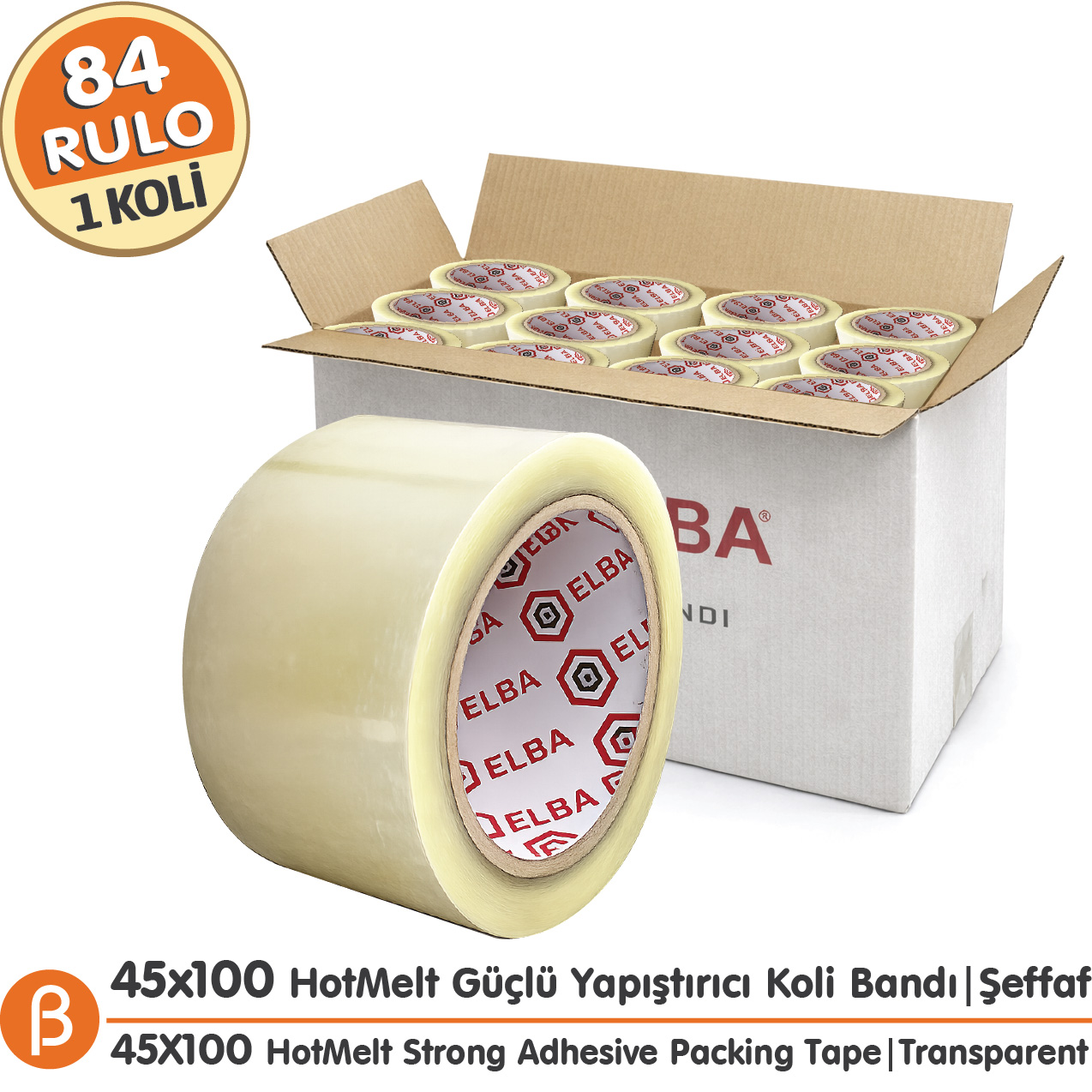 Elba 1 KOLİ (84 ADET) 45x100 Şeffaf HotMelt Koli Bandı Güçlü Yapışkan